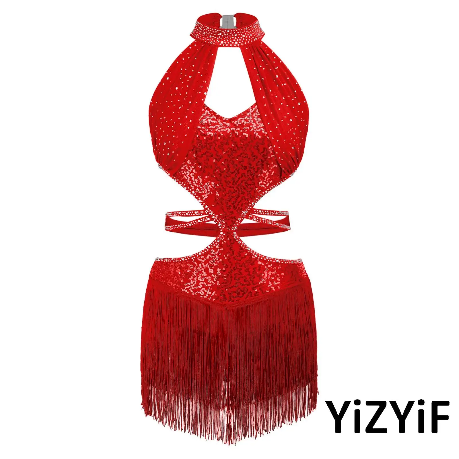 

Women Competition Latin Ballet Dance Dress Shiny Keyhole Front Cutout Back Sleeveless Fringe Tassel Dress for Stage Prom Dance