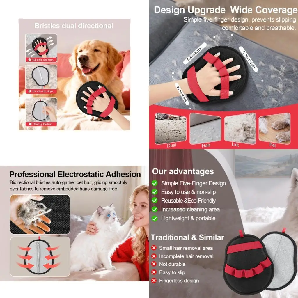   Quick Drying Pet Hair Removal Glove Flexible 5 Finger Design Grooming Mitt For Effective Deshedding