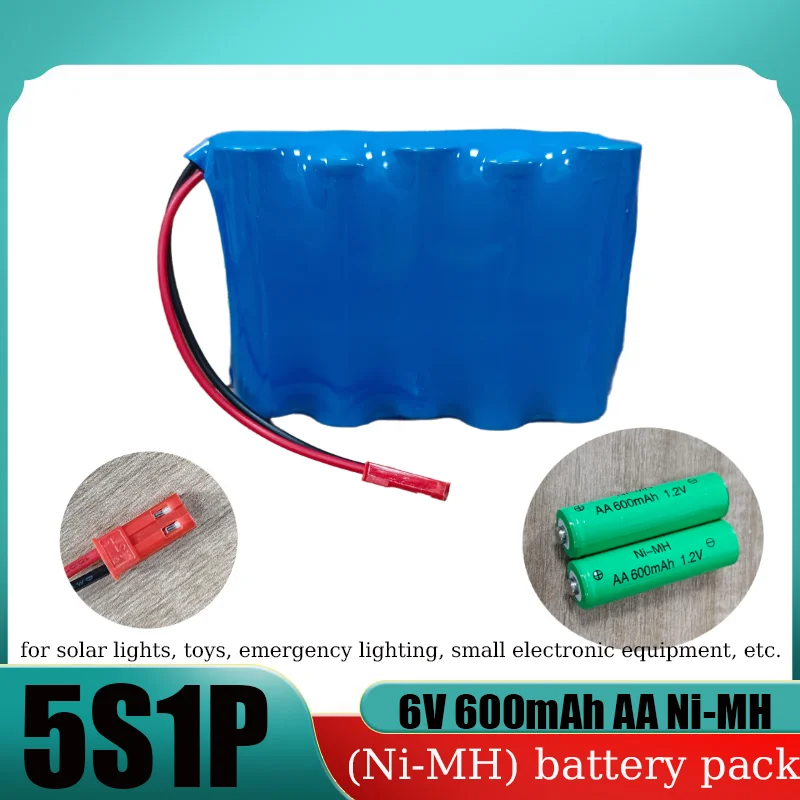 

6V 600mAh 5S1P Ni-MH Rechargeable Battery Pack, AA 1.2V Cells for Solar Garden Lights RC Toys Emergency Lights DIY Power Supply