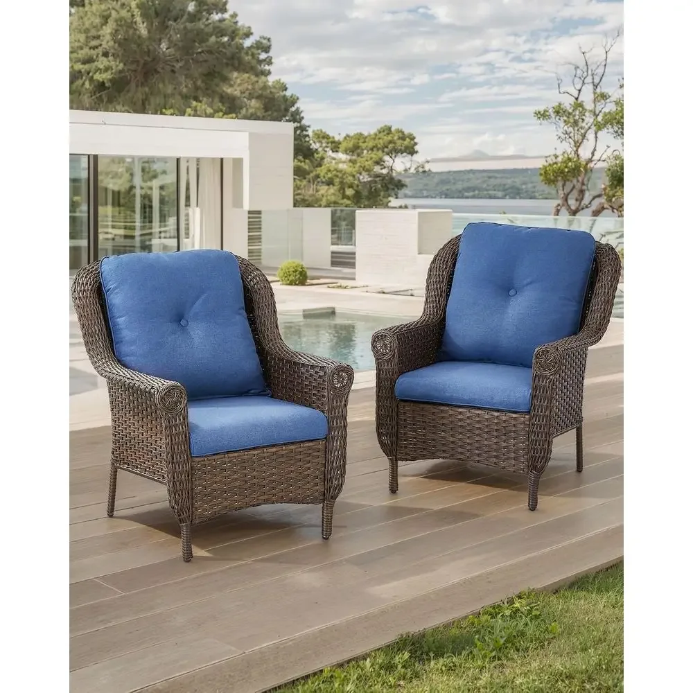Patio Wicker Chairs Outdoor urniture Chair - Set o 2 Outside All Weather Lawn Dining Brown Rattan Armchair with High Back&Deep S