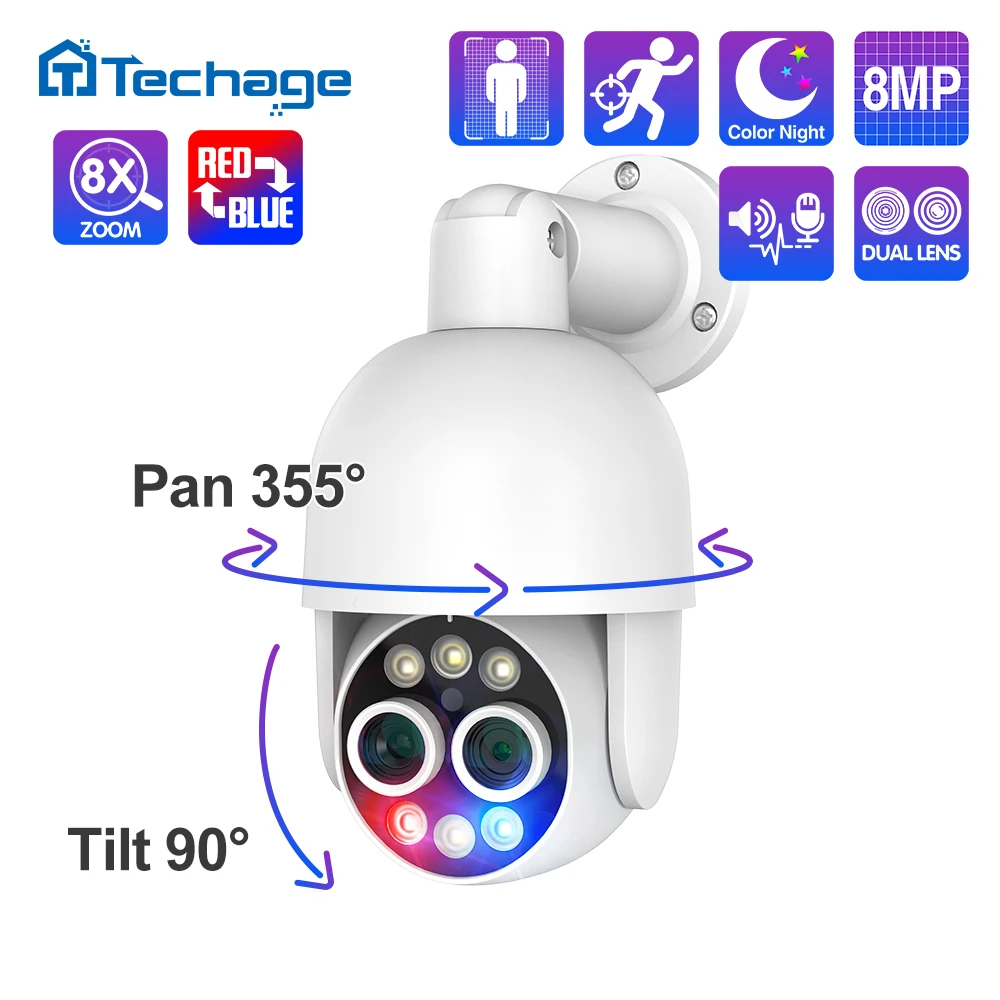 Techage-cámara PTZ de 8MP, lente Dual, POE, IP, Zoom híbrido 8X, seguimiento automático, visión nocturna colorida, Kit de vigilancia de seguridad