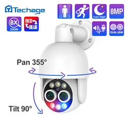 Techage 8MP PTZ Camera Dual Lens POE IP Camera 8X Hybrid Zoom Auto Tracking Colorful Night Vision for Security Surveillance Kit