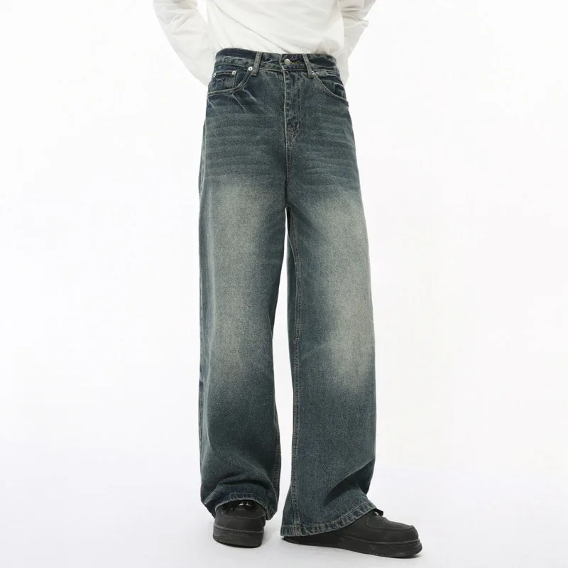 SYUHGFA High Street Men's Denim Pants Washed Solid Color Casual Trousers Straight Wide Leg Male Loose Bottom New Autumn 2024