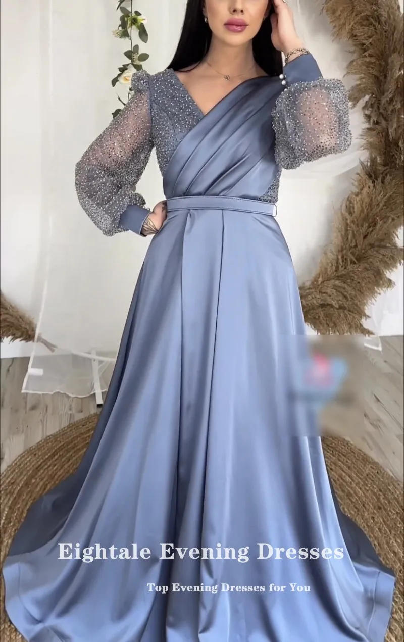 Eightale Elegant Prom Dresses V-Neck Glitter Long Sleeve A-Line Satin Customized Blue Evening Party Gowns vestidos de graduación