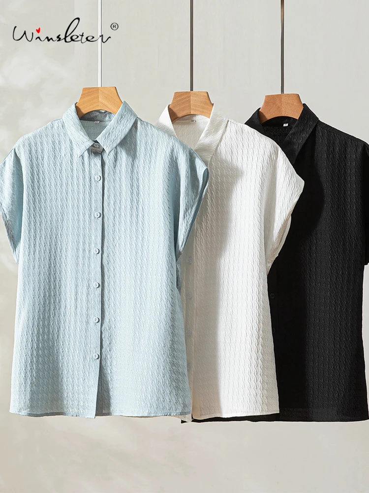 

Winsleter-100%Real Silk Elegant Shirt, Women Lapel Short Sleeve Solid, Versatile Casual Loose Blouse, 2025 Summer New T57709CC