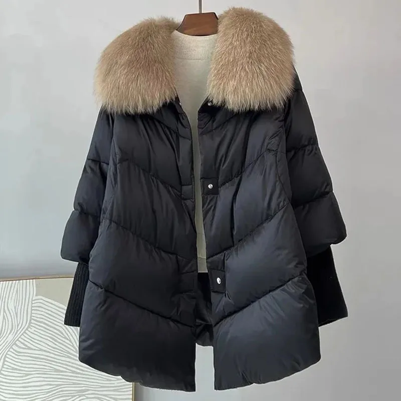 2024 New Womens Winter Coat White Duck Down Jacket With Big Woolen Collar Female Loose Outerwear Fashion Overcoat