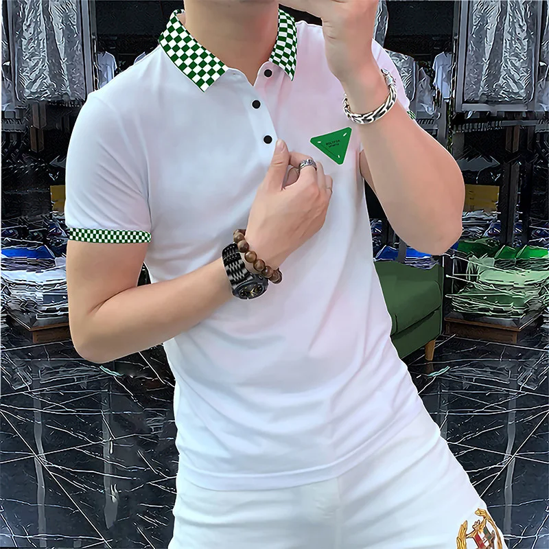 

Summer New Men's Short Sleeved Polo Shirt Casual Versatile Plaid Pattern Lapel T-shirt Spot Slim MaleTop Breathable Clothing 4XL