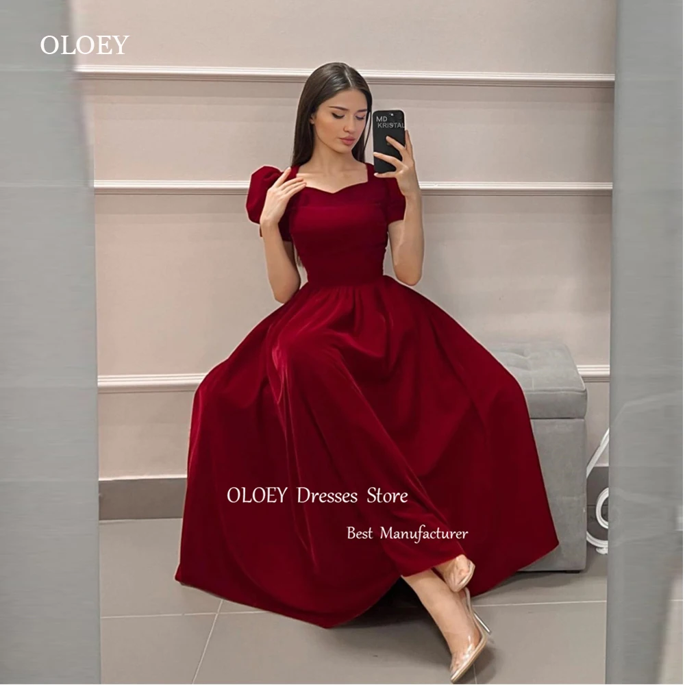 OLOEY Vintage Burgunday Red Velvet Evening Dresses Short Sleeves Square Neck Tea Length Prom Gowns Arabic Women Wedding Party