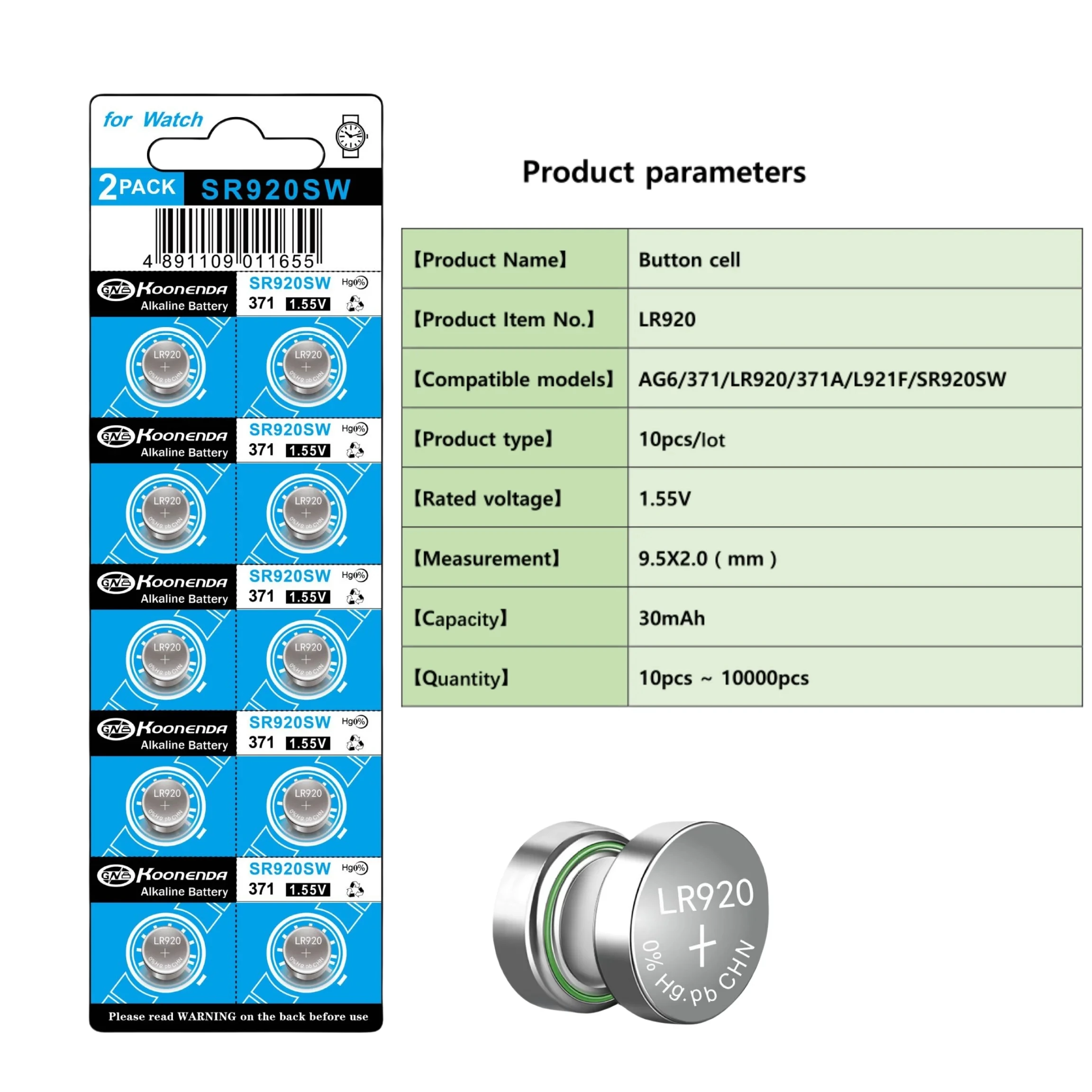 NEW 10-100Pcs AG6 Button Cell Battery 1.55V Coin Alkaline Battery 371 SR920SW LR920 SR927 171 370 L921 LR69 SR920 AG6 Batteries