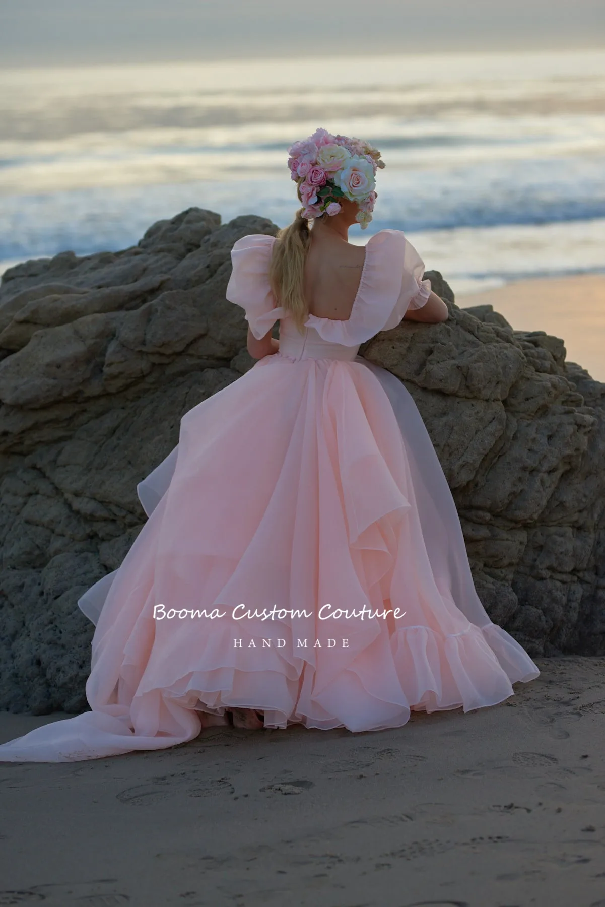 Booma Baby Roze Organza Selkie Prinses Prom Jurken Korte Pofmouwen Ruches Hoge Split A-Line Prom Jurken Formele Feestjurken