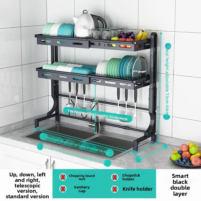 Étagère de cuisine rétractable, support de bol de vidange domestique, évier en acier inoxydable, support de rangement de vaisselle, support de filtre à eau