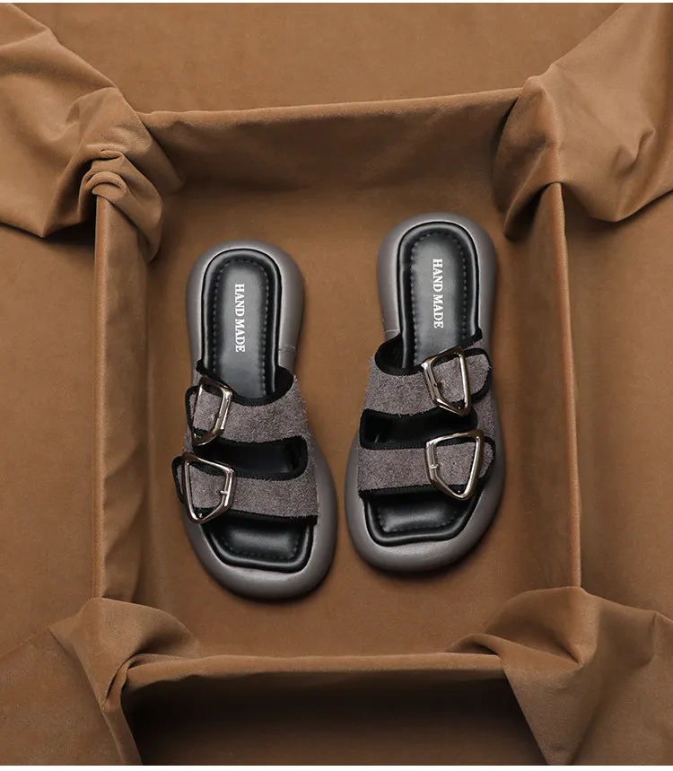 SHOEBOX Real Leather Flat and Thick Soled Open Toe One Line Slippers for Women's Outdoor Wear Summer One Line Buckle Casual