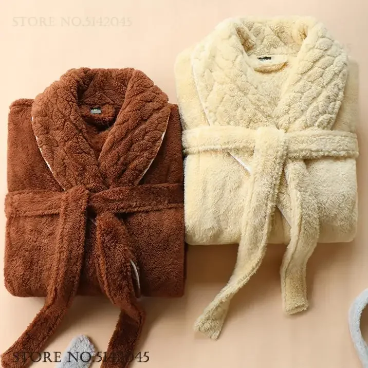 

Winter New Coral Fleece Couple Long Robe Homewear Elegant Thick Flannel Sleepwear Bathrobe Kimono Gown Loose Loungewear Pajama