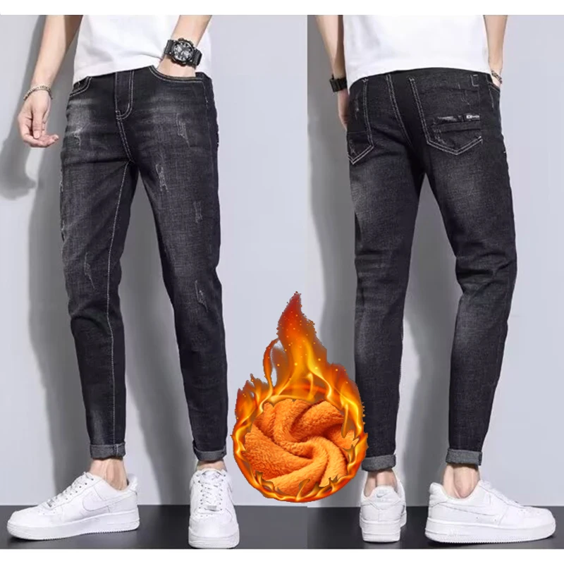 

Мужские модные осенне-зимние термопрямые джинсы, мужские повседневные повседневные узкие джинсовые брюки, зимние теплые плюшевые флисовые брюки