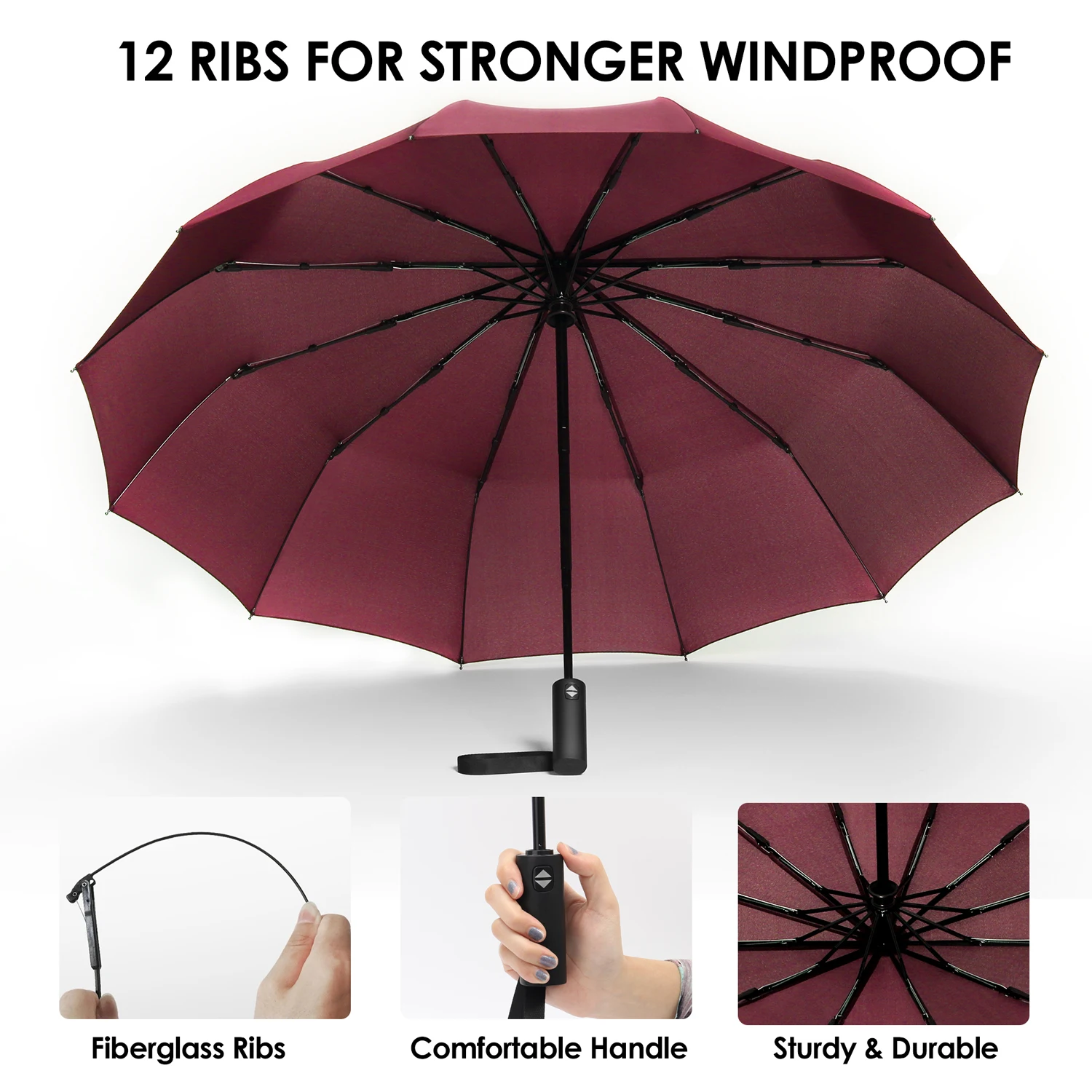 12 Ribs Folding Umbrella Windproof Compact Travel,Auto Open/Close Large Rain Umbrellas W/Polyester Coating, Ergonomic Handle