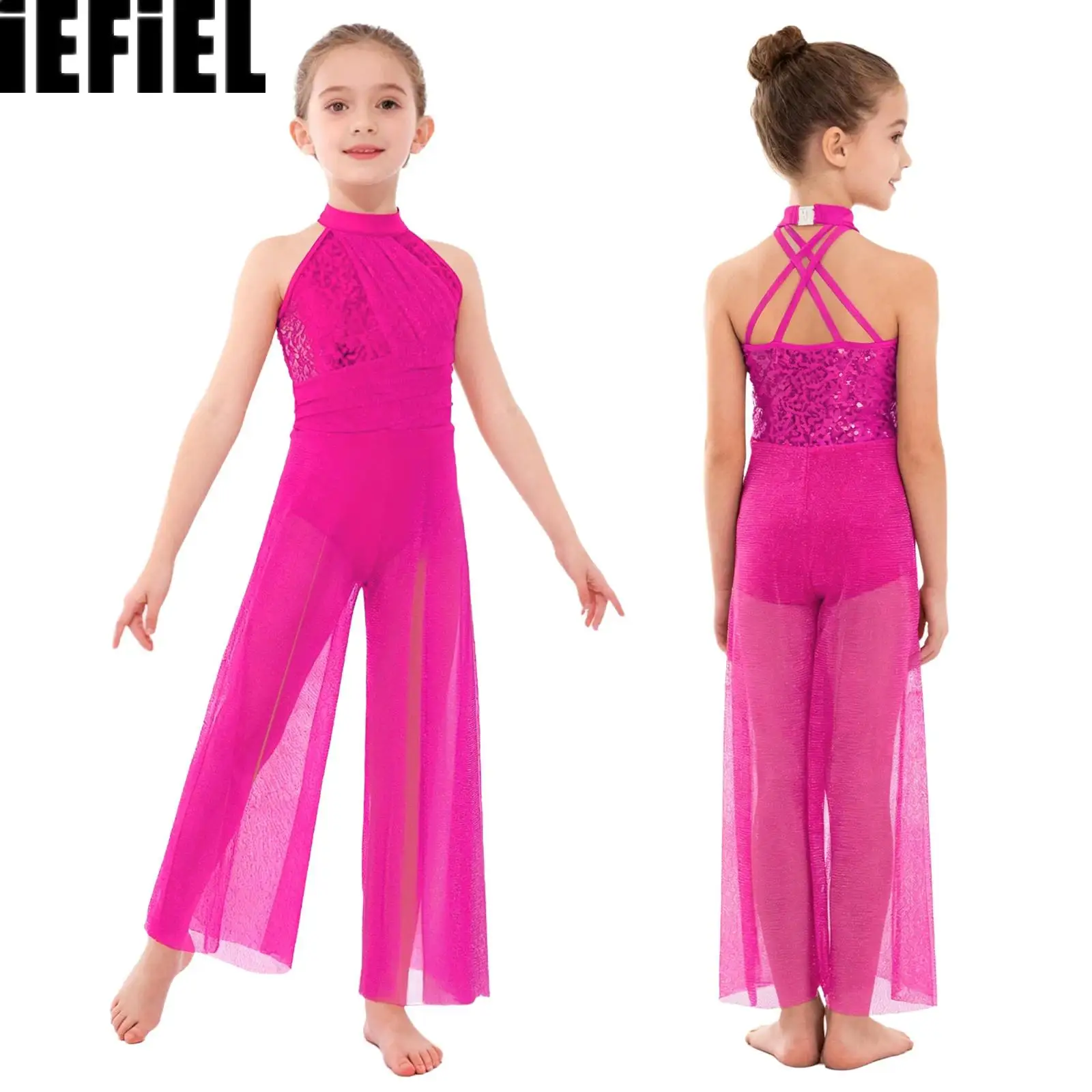Mono de baile lírico para niñas, sin mangas, cuello simulado, espalda cruzada, lentejuelas brillantes, malla brillante, mono de pierna ancha dividido