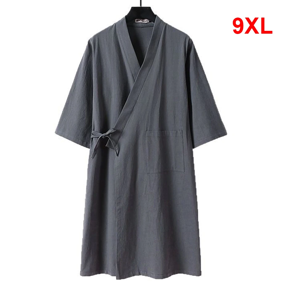 Long Cardigan Kimono Shirt Jacket Men Plus Size 9XL Linen Shirts Hanfu Daoist Robe Long Shirt Male Spring Autumn Long Jacket