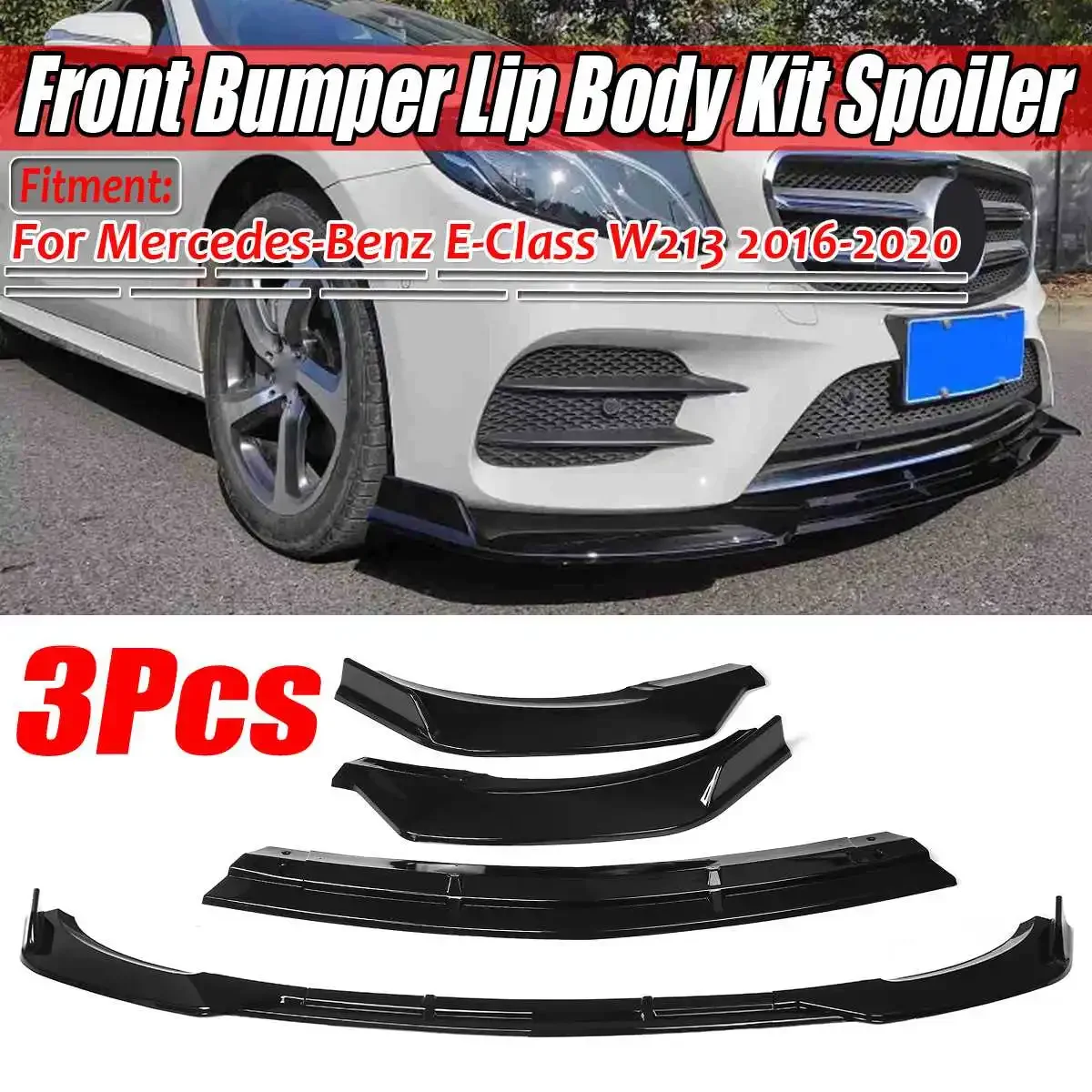 

New Glossy Black 3xCar Front Bumper Lip Spoiler Cover Trim Guard Protector For Mercedes For Benz E-Class W213 2016-2020 Body Kit