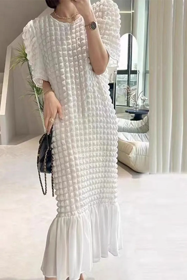 Plaid Dresses For Women O-neck Patchwork Puff Sleeve Loose 2024 Summer Female Solid Color Elegant Clothing