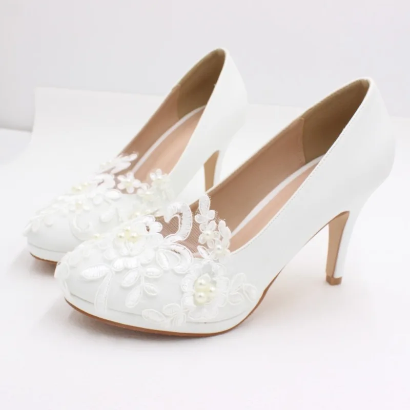 Women Pumps PU Lace 8 CM Thin Heels White Lace High-heeled Round Toe Wedding Bride Fashion PU Matte Handmade Wedding Woman Shoe