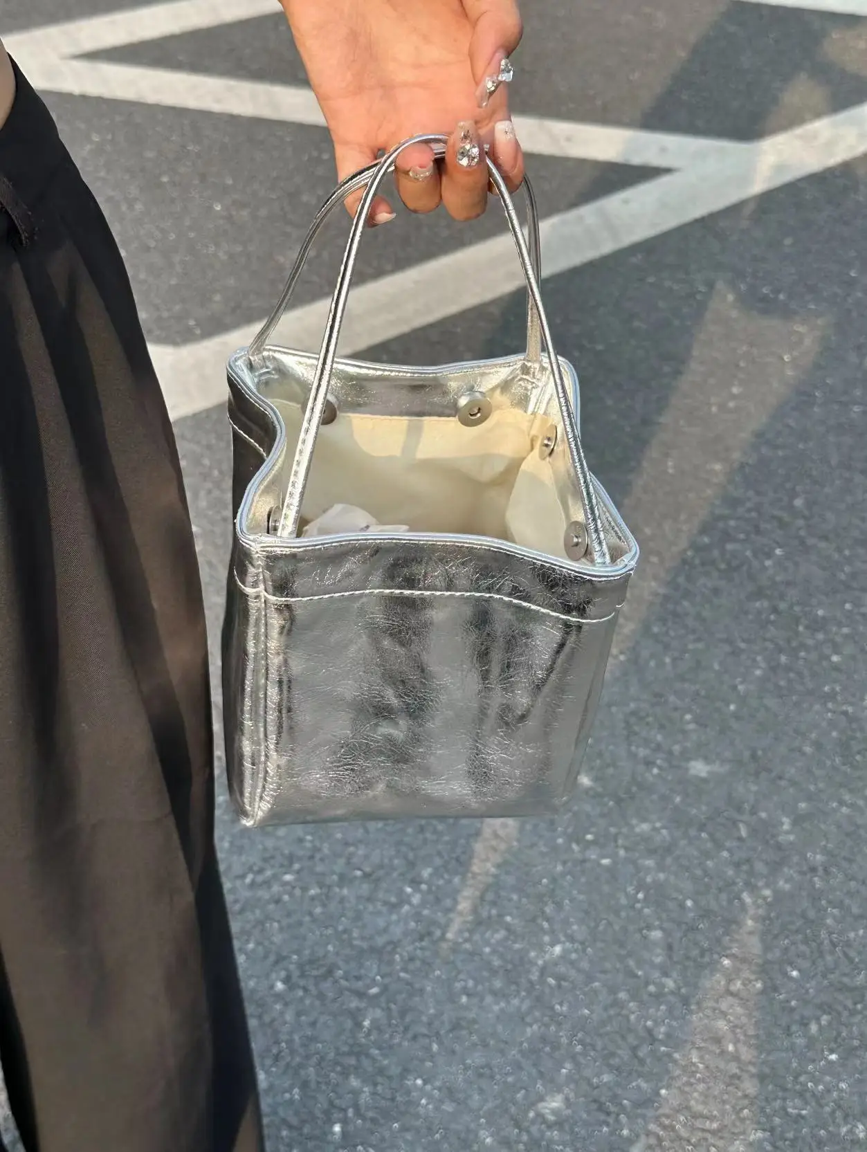 Korean Fashion Silver Mini PU Leather Tote Bag 2023 Y2k Luxury Designer Small Shopper Handbags and Purses Trend Chic Clutch Bags