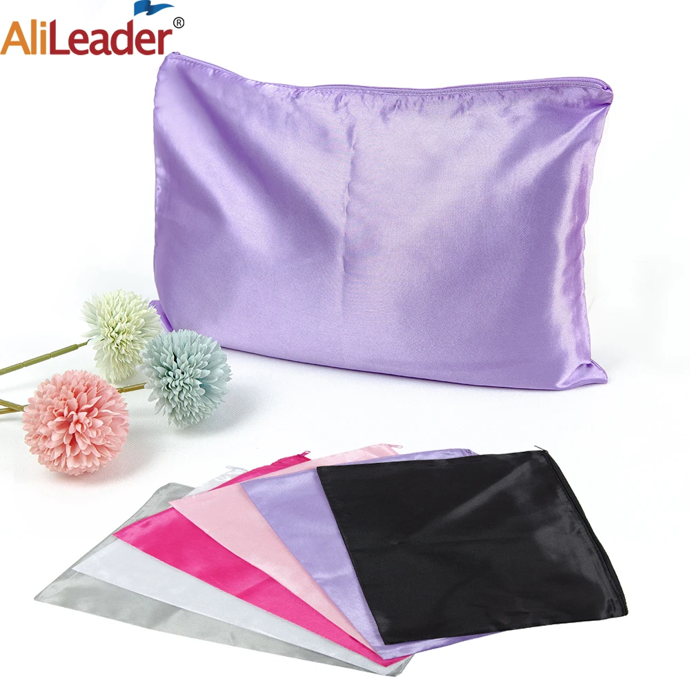 Alileader 2pcs Black Satin Bag For Packaging Hair With Logo Storage Bag Dust Bag Bundle Drawstring Bag Silk Satin Wig Bag Bulk