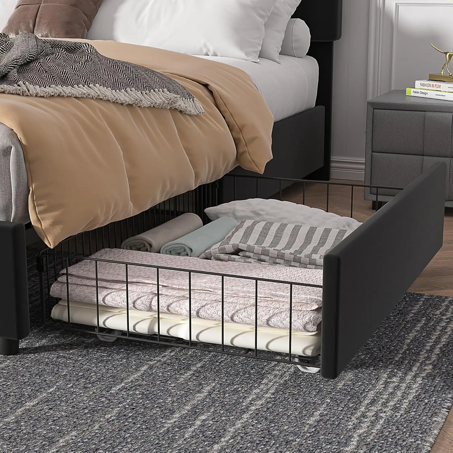 Full Size Upholstered Bed Frame with 4 Drawers and Adjustable Headboard, Velvet Platform Storage Mattress