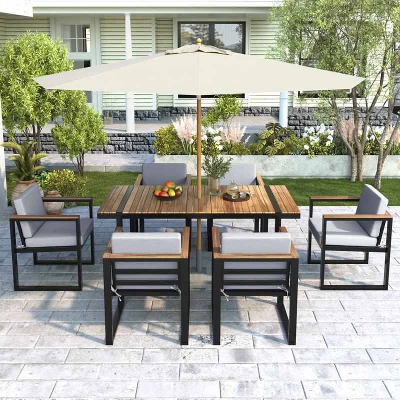 

7-Piece Grey Outdoor Patio Dining Set with Removable Cushions for Backyard Garden
