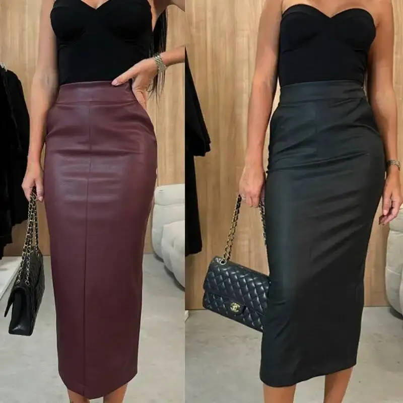 

Elegant Women PU Leather Long Skirt Chic Sexy Fashion High Waist Corset Slim Fit Pocket Bodycon Skirt Night Clubwear Streetwear