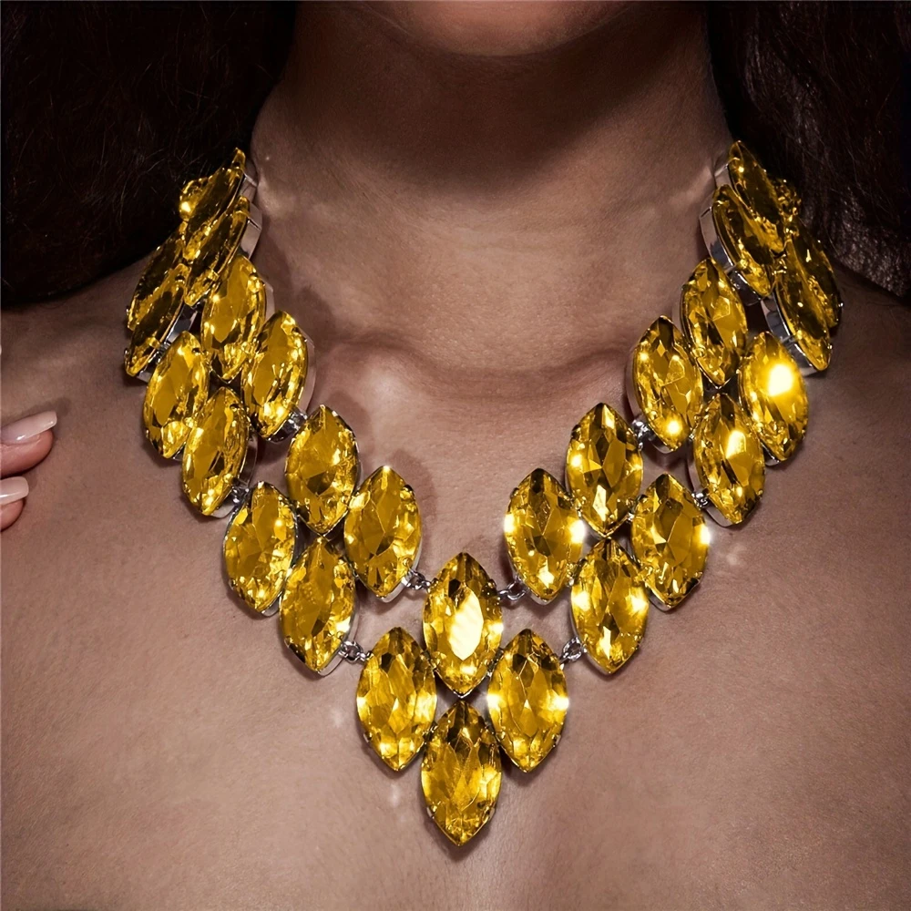 Fashion Shiny Yellow Large Crystal Necklace Women's Luxury Banquet Party Rhinestone Jewelry Necklace Wear Matching Accessories