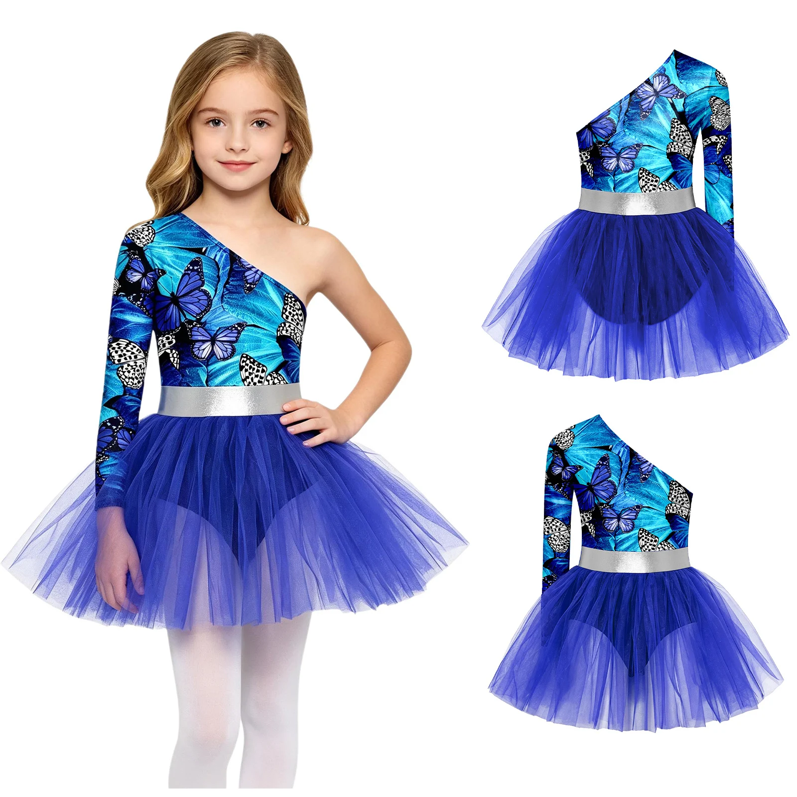 Kid Girls Ballet Dance Dress for Caveman Costume Performance One Long Sleeve Printed Bodice Tulle Dress Jazz Tango Dance Wear
