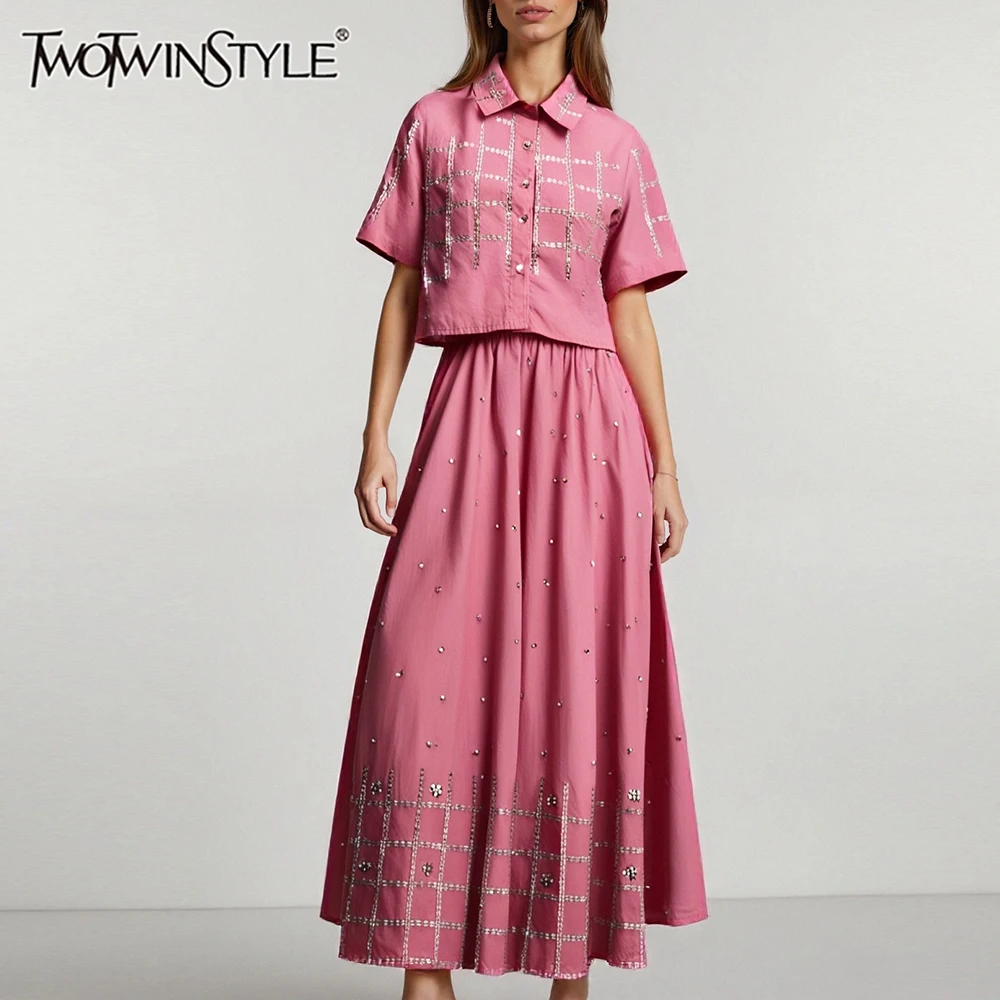 

TWOTWINSTYLE однотонные свободные комплекты из двух предметов для женщин, топ с лацканами и короткими рукавами, топ с блестками, лоскутная юбка с эластичной резинкой на талии, женская
