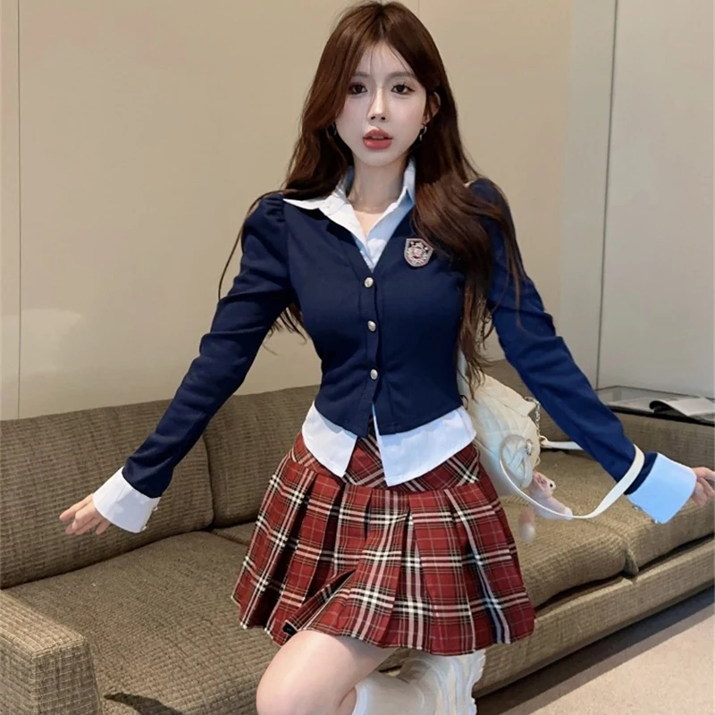 

Spicy Girls Spring Autumn 2024 Navy Blue Mock Two Piece Top Pleated Short Skirt Fashion Academy Style Two Piece Set for Women