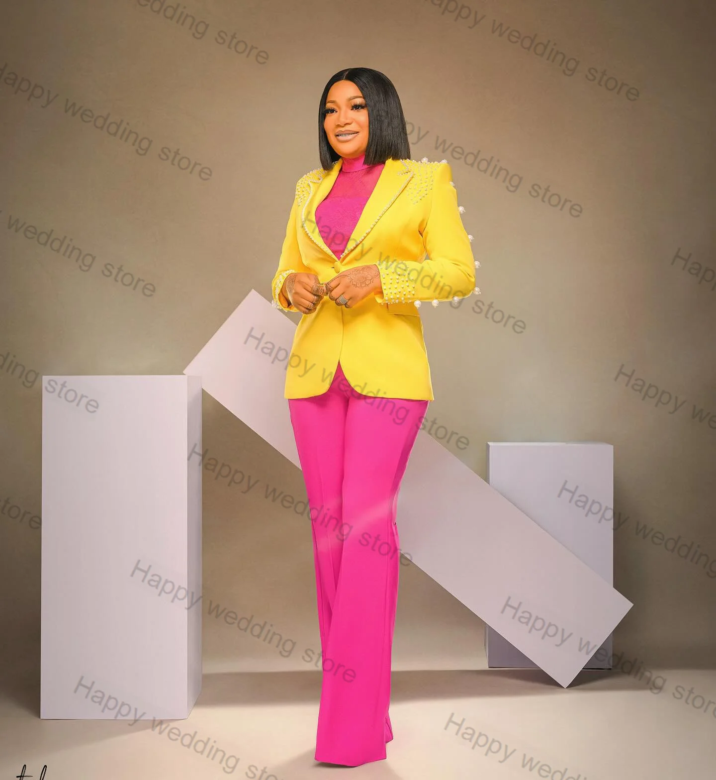 Pearls Women Suit Pants Set 2 Piece Yellow Blazer+Pink Trousers Cotton Spring Formal Office Lady Wedding Tuxedo Tailored