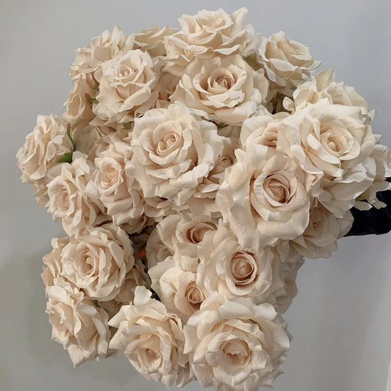 7Heads Roses Bouquet Artificial Flower Beige Ivory Vintage Rose Large Size Rose Living Room Dry Flower Decoration Wedding