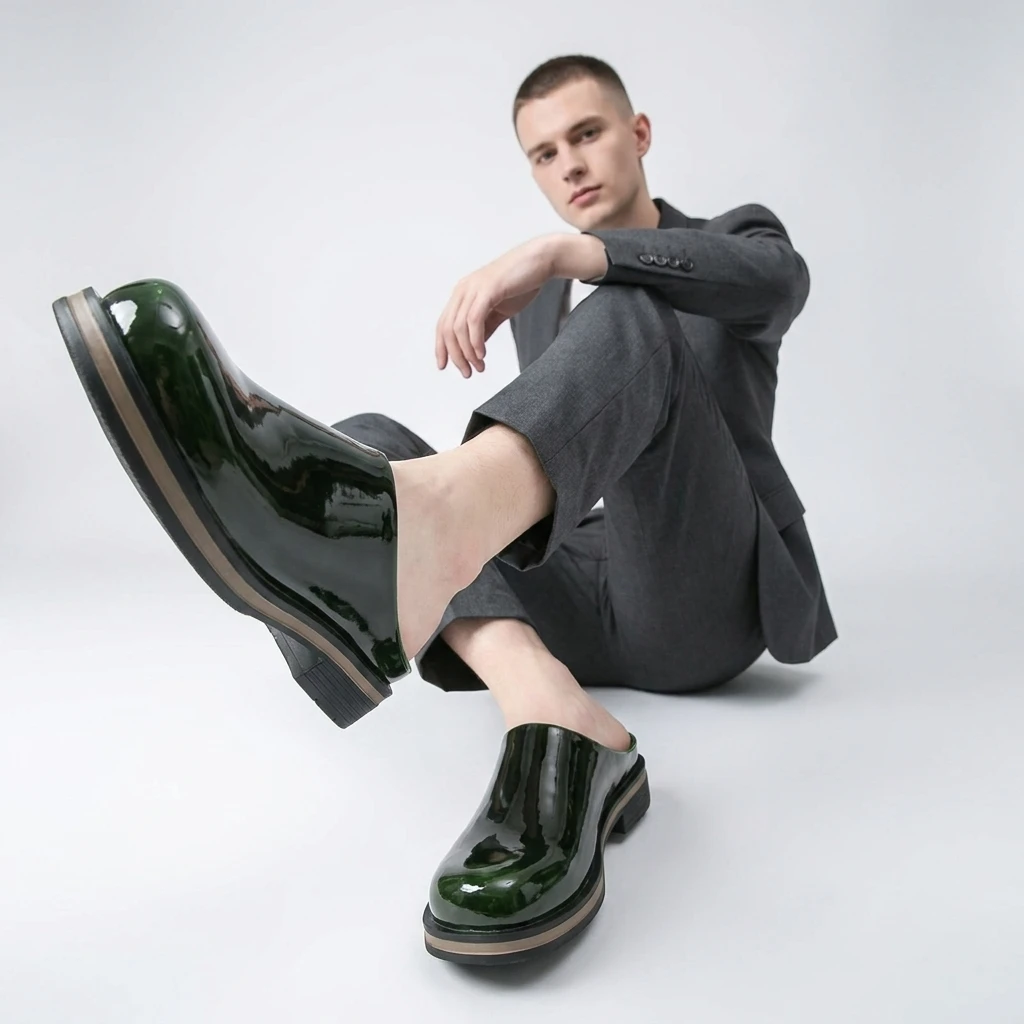 Man Patent Leather Shoes Slip on Backless Loafers Thick Heel Casual Slides Fashion Street Style Outdoor Daily Wear Shoes for Men