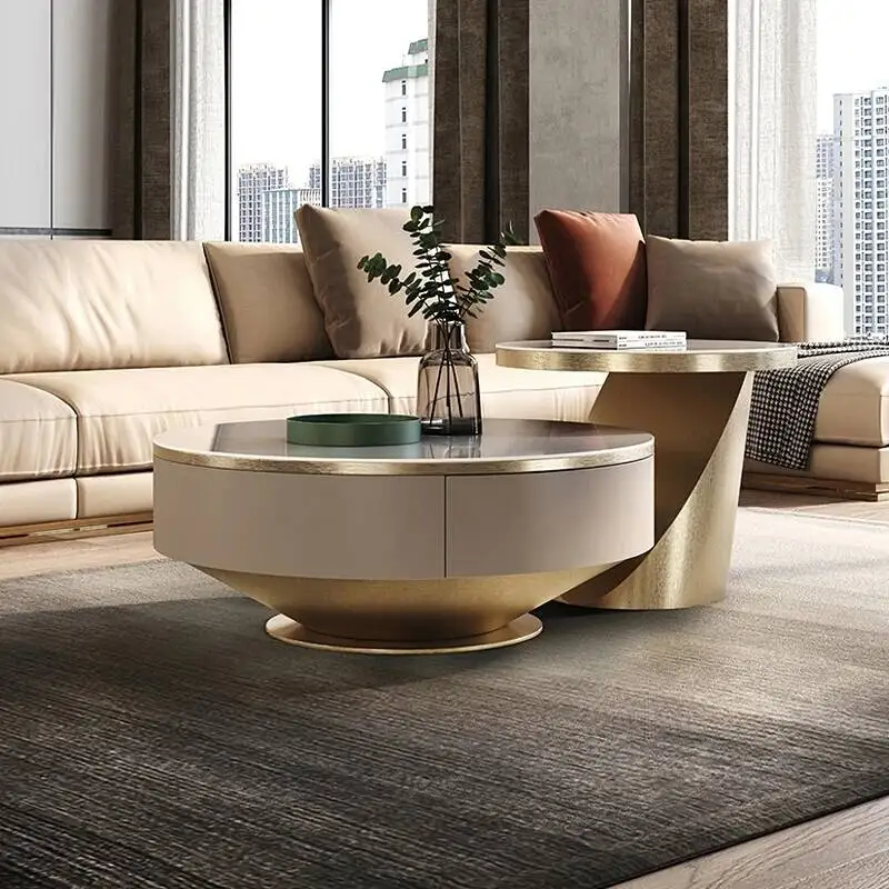 Mesa de Café Única em Madeira Moderna com Gavetas, Mesa de Café Redonda Multifuncional de Luxo para Decoração de Ambientes