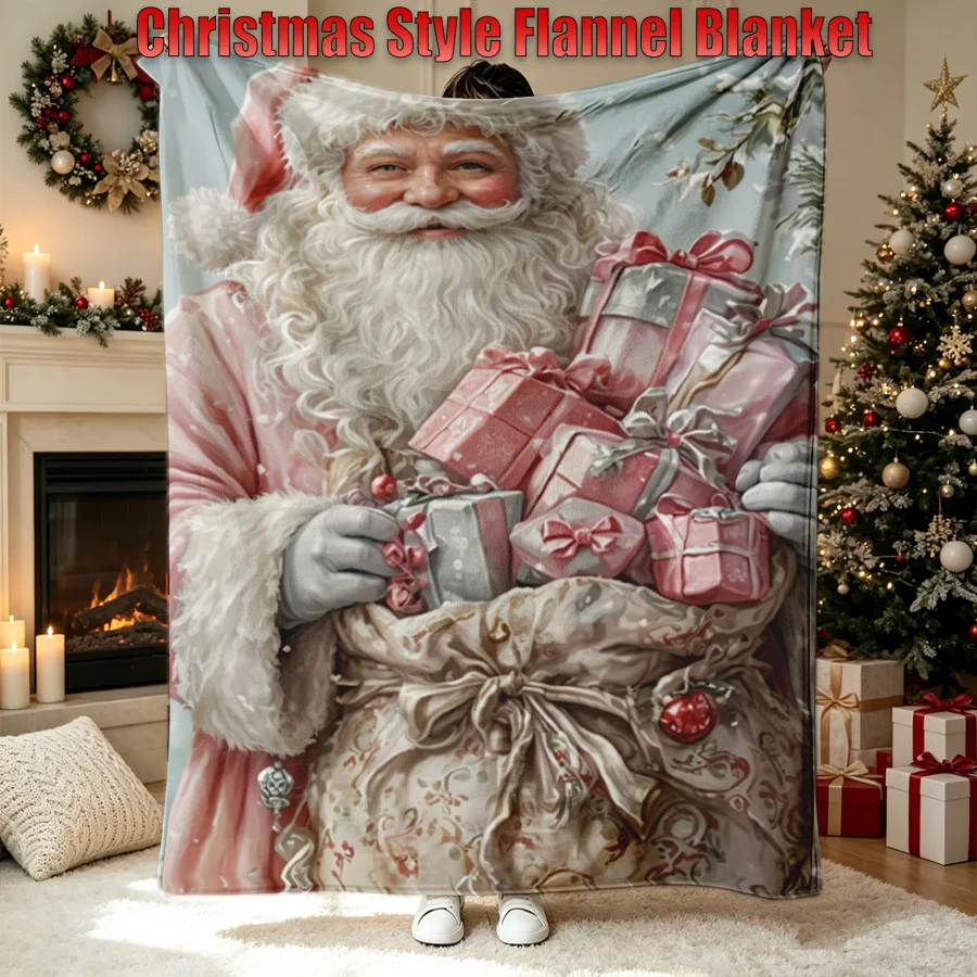 Christmas Vintage Pink Santa Claus Print Flannel Throw Blanket, Gift Sack 2D Single-Sided Printed Holiday Blanket