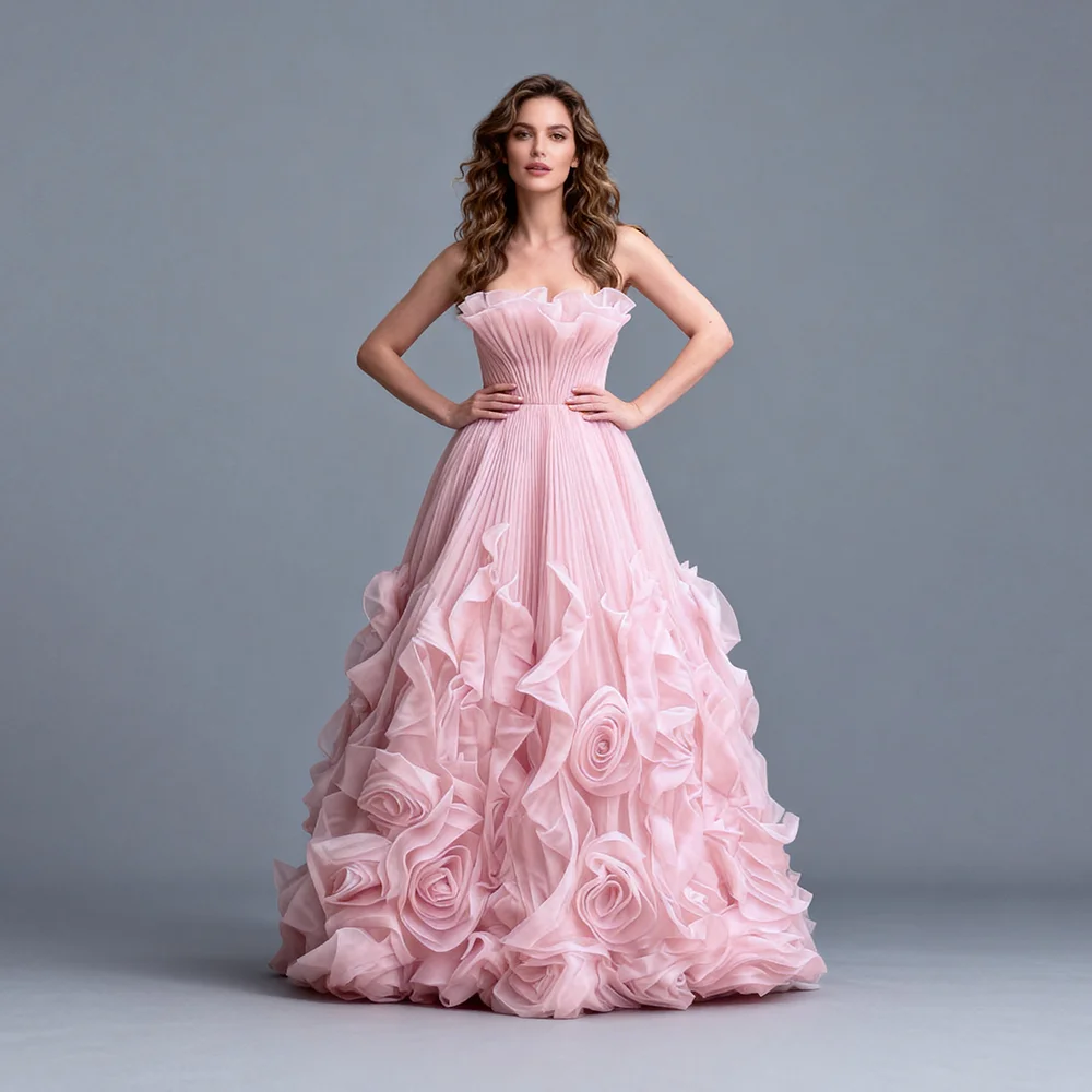 

Pink Pleated 3D Handmade Flower Strapless Photoshoot Dress Wedding Gown Bespoke Occasion Dresses for Special Occasions