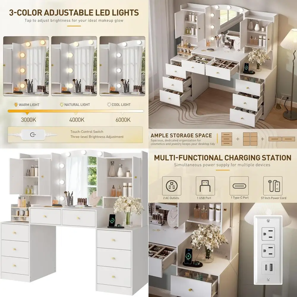 

56 LED Lighted Makeup Vanity Desk with 8 Drawers, 2 Cabinets, and Charging Station for Women