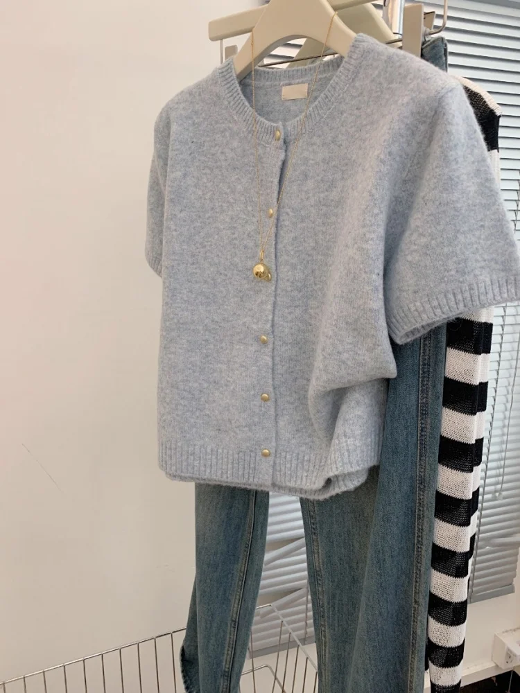 

Ele round Ne Pure Color 00 Pure Wool Knitted ort Sve Women's Korean Sle Casual Slimming Open Cardigan