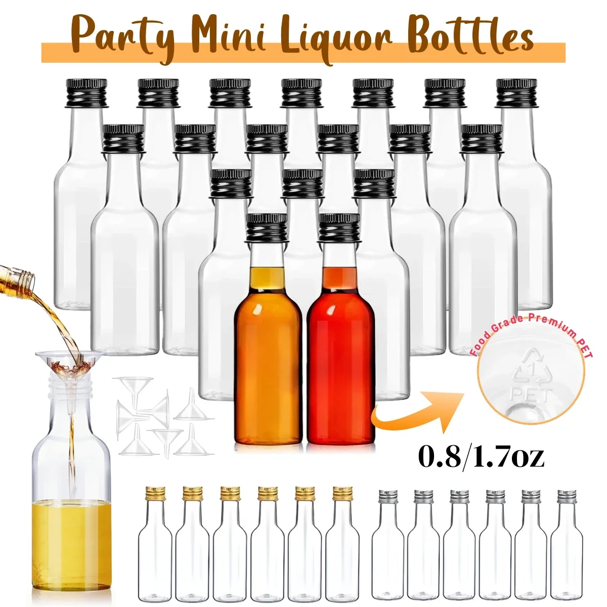 30-100Pack Mini Liquor Bottles with Funnels Plastic Alcohol Bottles Little Shot Spirit Bottles for Wedding Party Favor 0.8/1.7oz