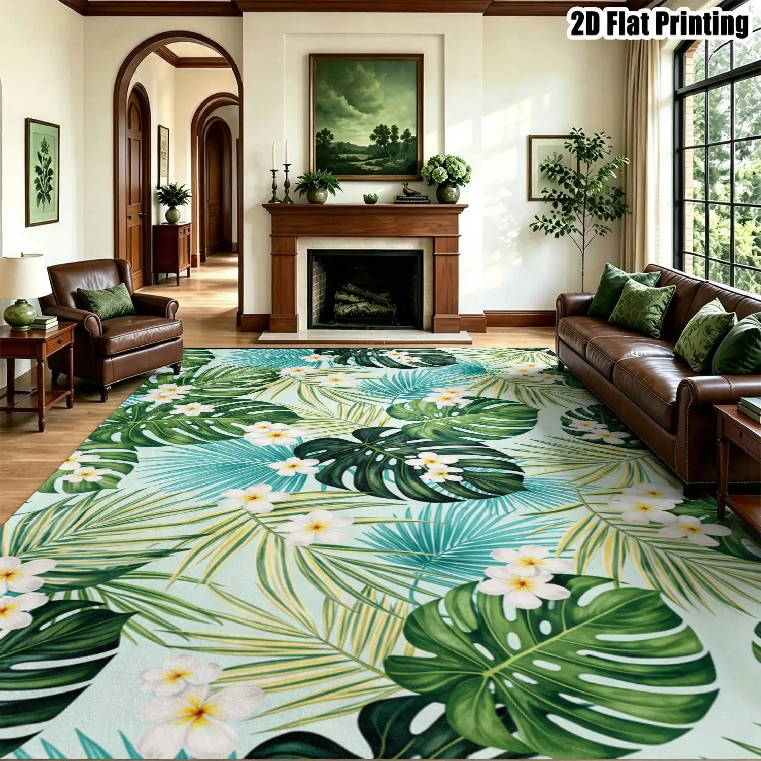 1Pc 2D Printed Carpet: Fresh Tropical Flower & Leaf Pattern, Instagram/Nordic Minimalist Design, Machine Washable, Multi-Size, Ideal for Home Decor Such as Entryway, Dining Room, Bedroom, Living Room