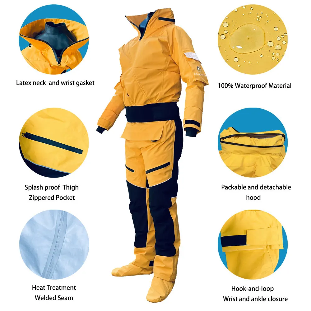 Front Entry Waterproof Full Drysuit Detachable Hooded Dry Suit Clothing for Kayaking Paddling Rafting Canoeing Sailling Kitesurf