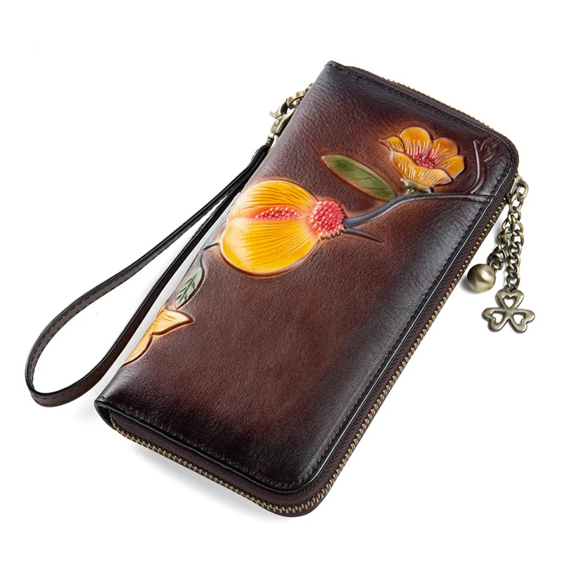 MOTAORA Vintage Genuine Leather Women's Long Wallet | RFID Protected Zipper Purse with Card Holders & Phone Pocket