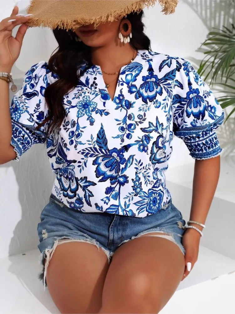 Plus Size Summer Flower Floral Print Tops Women Puff Short Sleeve Fashion Ladies V-Neck Blouses Casual Loose Woman Tops