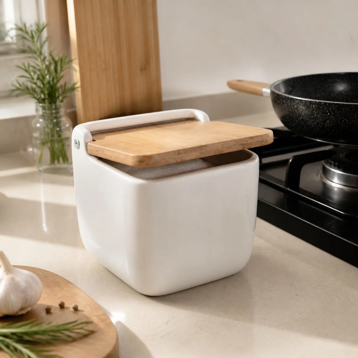 Salero de Cerámica Blanca con Tapa de Bambú Abatible, Organizador de Cocina Moderno de 12x12.5x11cm, Recipiente para Sal con Boca Ancha y Diseño Elegante para Encimera de Cocina