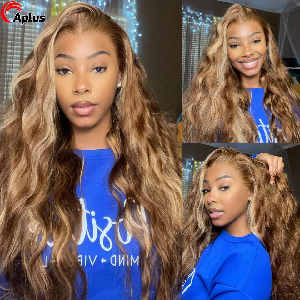 Highlight Brown Blonde Kinky Straight Human Hair Wig 13x6 Glueless Lace Frontal Wigs Highlight 4/27 Yaki Straight HD Lace Front