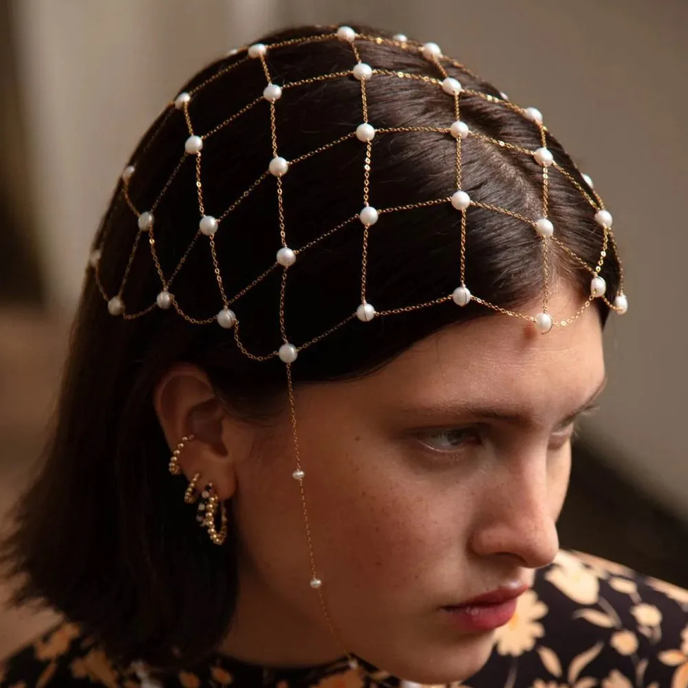 بوهو اللؤلؤ الأبيض قلادة رئيس سلسلة الزفاف إكسسوارات الشعر خوذة أنيقة بلينغ الزفاف الجبين سلسلة المجوهرات الهندية #1