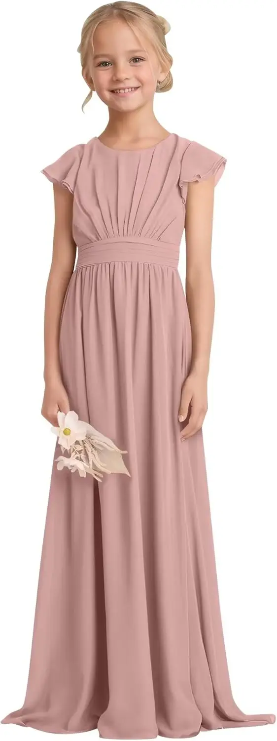 A-Linie Chiffon Junior Brautjungfernkleid Blumenmädchenkleid für Hochzeit Teenager Rüschenärmel Abschlussball Party Kleider Mädchenkleid